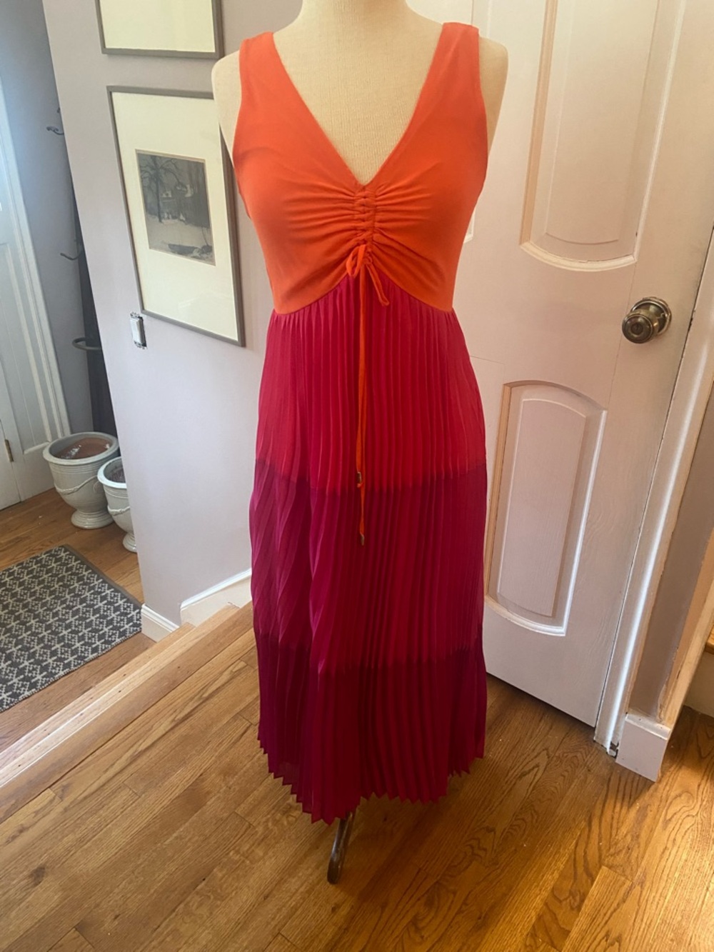 Taylor Orange and Fuchsia Sleeveless Pleated Maxi Dress